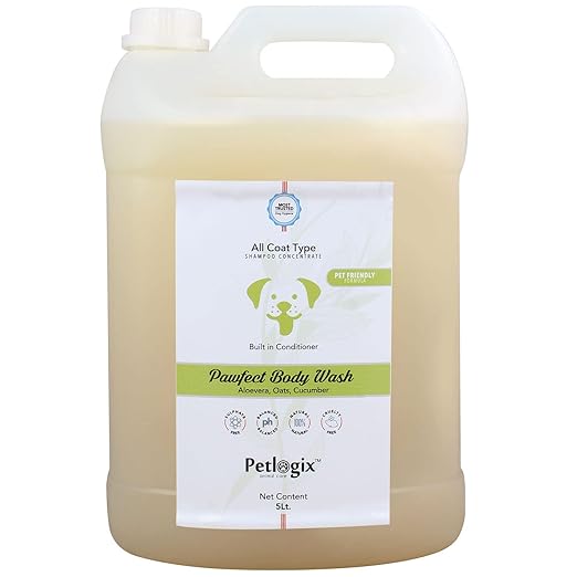 Petlogix Natural Pawfect Anti-Bacterial, Anti-Fungal and Anti-Itching Body Wash Shampoo Conditioner for Dogs and Cats with Aloevera, Oats & Cucumber (5L)