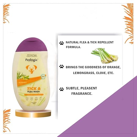 Petlogix Tick & Flea Wash Shampoo for Dog & Cat with Aloevera, Oatmeal, Apple Cider & Chamomile Natural Pet-Friendly Paraben-Free Formula (250ml)