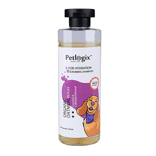 Petlogix Natural & Organic Oatmeal Wash Shampoo for Pet Dogs & Puppies Anti Itch Cleanser with Coconut & Aloevera Mineral Oil, SLS & Paraben Free (250ml)