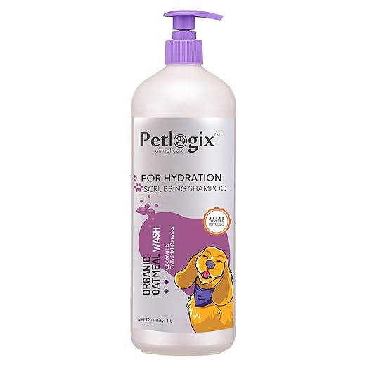 Petlogix Natural & Organic Oatmeal Wash Shampoo for Pet Dogs & Puppies Anti Itch Cleanser with Coconut & Aloe Vera Mineral Oil, SLS & Paraben Free - 1L