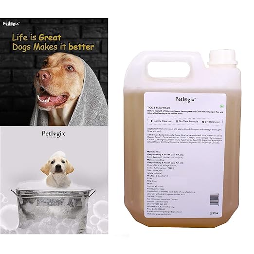 Petlogix Natural Tick & Flea Wash Shampoo Infused with Citronella & Lemongrass Anti Itch Coat Cleanser for Pet Dogs & Cats Mineral Oil, SLS & Paraben Free (5 Litre)