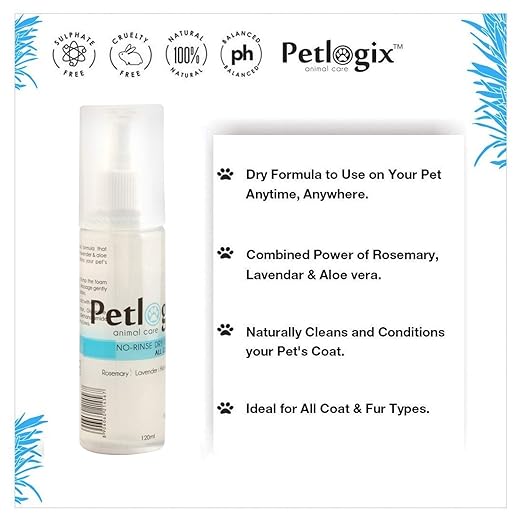 Petlogix Natural No Rinse Dry Shampoo with Rosemary & Lavender No Water Cleanser & Conditioner for Dogs, Cats & Other Pets, 120g