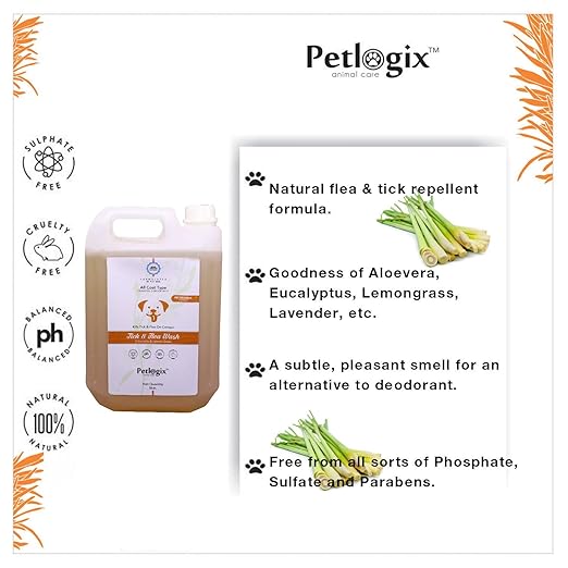 Petlogix Natural Tick & Flea Wash Shampoo Infused with Citronella & Lemongrass Anti Itch Coat Cleanser for Pet Dogs & Cats Mineral Oil, SLS & Paraben Free (5 Litre)