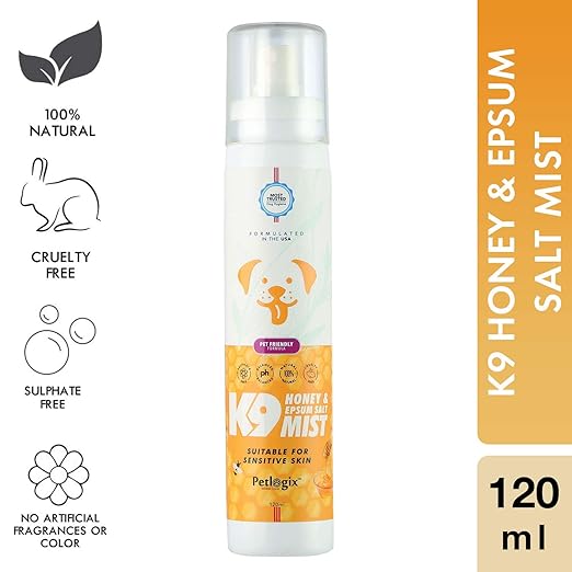 Petlogix Natural Honey & Epsum Salt K9 Deodorant Mist for Sensitive Dog, Puppies & Cat Sulphate Free Cleanser & Detangle Spray, 120ml