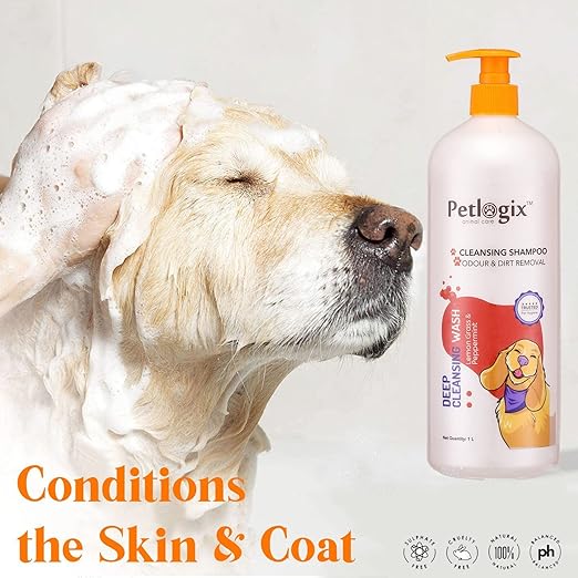 Petlogix Natural Deep Cleansing Wash Shampoo for Pet Cats & Dogs Sulphate Free Cleanser with Peppermint & Lemon Grass Extracts (1L)