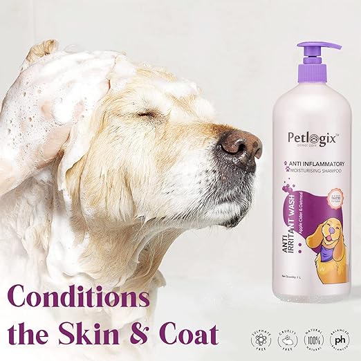 Petlogix Natural Anti Irritant Wash, Anti Bacterial & Fungal Pet Wash Shampoo for Dog & Cat Enriched with Aloevera, Oatmeal & Chamomile Mineral Oil, SLS & Paraben Free, 1L