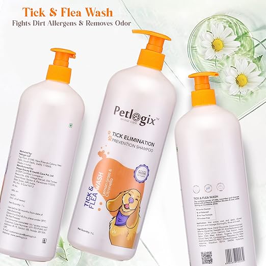 Petlogix Natural Tick & Flea Wash Shampoo Infused with Citronella & Lemongrass Anti Itch Coat Cleanser for Pet Dogs & Cats Mineral Oil, SLS & Paraben Free, 1L