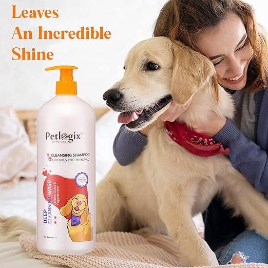 Petlogix Natural Deep Cleansing Wash Shampoo for Pet Cats & Dogs Sulphate Free Cleanser with Peppermint & Lemon Grass Extracts (1L)