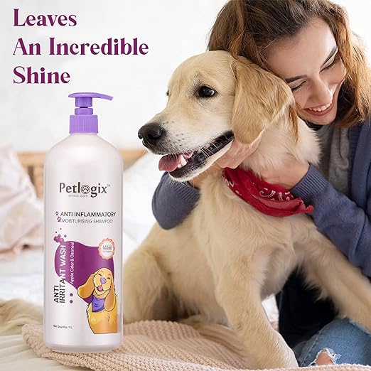 Petlogix Natural Anti Irritant Wash, Anti Bacterial & Fungal Pet Wash Shampoo for Dog & Cat Enriched with Aloevera, Oatmeal & Chamomile Mineral Oil, SLS & Paraben Free, 1L