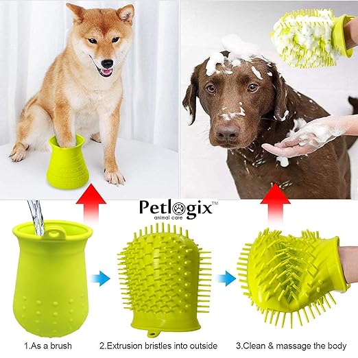 Petlogix 2-in-1 Portable Dog Paw Cleaner Cup Pet Foot Washer Scrubber with Silicone Massage Bristles Cleaning Brush for Pet Grooming (Small)