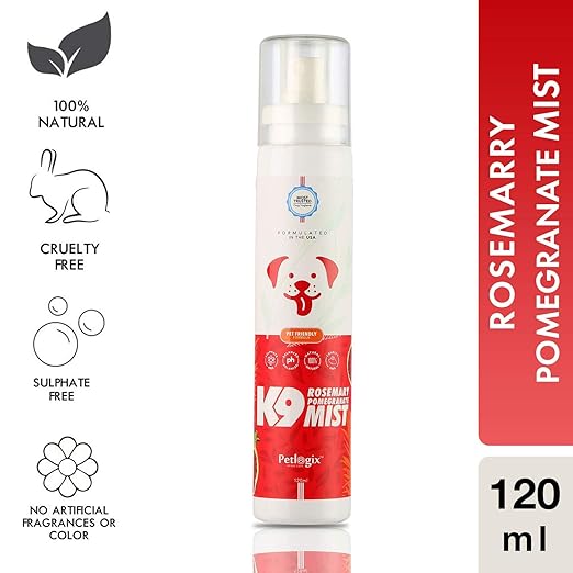 Petlogix Natural Rosemary & Pomegranate K9 Deodorant Mist Cleanser & Detangle Spray for Pet Dog, Puppies & Cat Mineral Oil, SLS & Paraben Free, 120ml