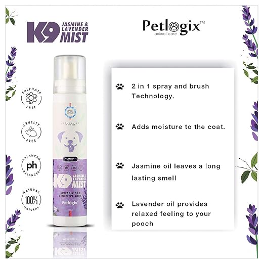 Petlogix Natural Jasmine & Lavender K9 Deodorant Mist for Dog, Puppies, Cat & Kitten Sulphate Free Cleanser & Detangle Spray, 120ml