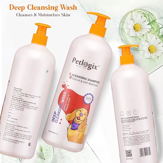 Petlogix Natural Deep Cleansing Wash Shampoo for Pet Cats & Dogs Sulphate Free Cleanser with Peppermint & Lemon Grass Extracts (1L)