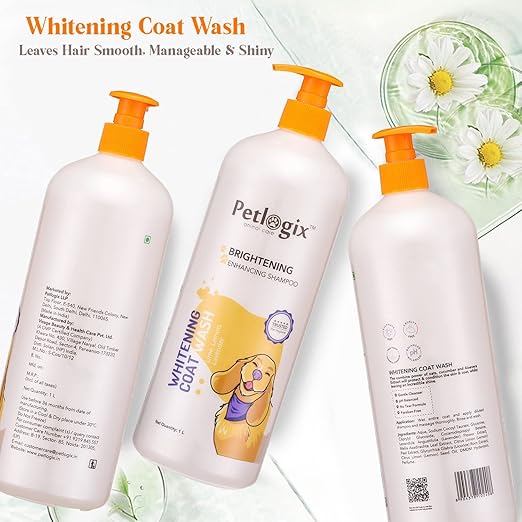 Petlogix Natural Whitening Coat Wash Pet Shampoo for Dogs & Puppies Cleanser with Lemon & Lavender Mineral Oil, SLS & Paraben Free (1L)