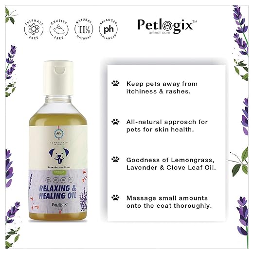 Petlogix Natural Relaxing & Healing Oil for Pet Dog, Cat & Puppies Anti Itch Massage Serum Enriched with Lavender & Clove Oil, 150ml