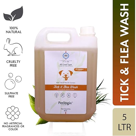 Petlogix Natural Tick & Flea Wash Shampoo Infused with Citronella & Lemongrass Anti Itch Coat Cleanser for Pet Dogs & Cats Mineral Oil, SLS & Paraben Free (5 Litre)