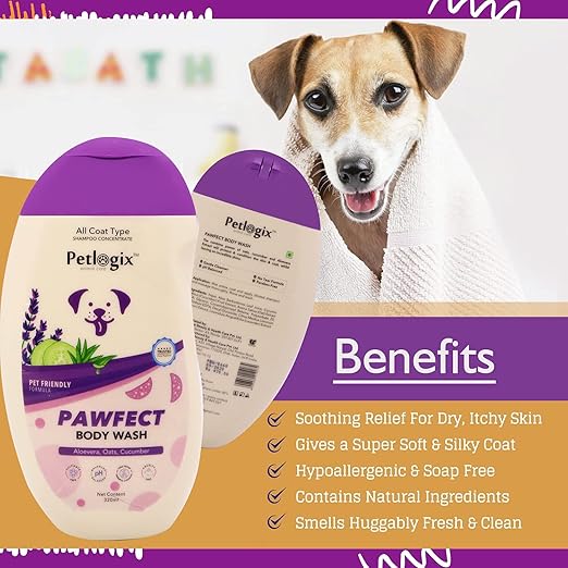 Petlogix Natural Pawfect Anti-Bacterial, Anti-Fungal and Anti-Itching Body Wash Shampoo Sulphate Free for Dogs, Cats and Horses (250ml)