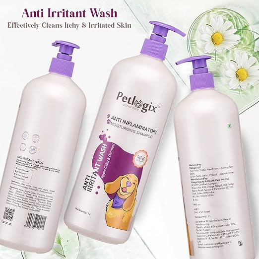 Petlogix Natural Anti Irritant Wash, Anti Bacterial & Fungal Pet Wash Shampoo for Dog & Cat Enriched with Aloevera, Oatmeal & Chamomile Mineral Oil, SLS & Paraben Free, 1L
