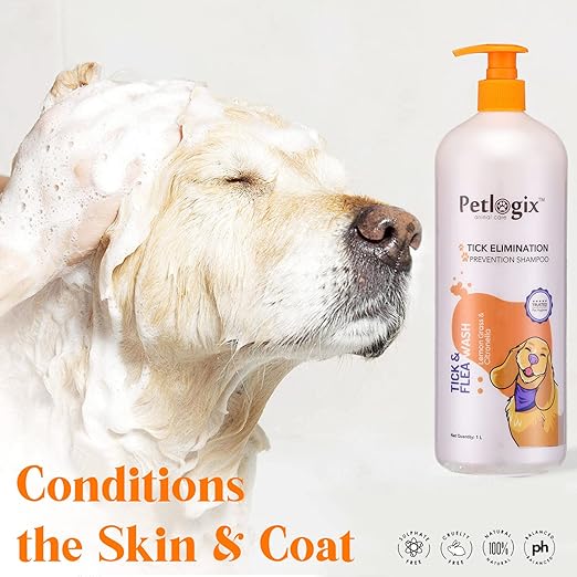 Petlogix Natural Tick & Flea Wash Shampoo Infused with Citronella & Lemongrass Anti Itch Coat Cleanser for Pet Dogs & Cats Mineral Oil, SLS & Paraben Free, 1L