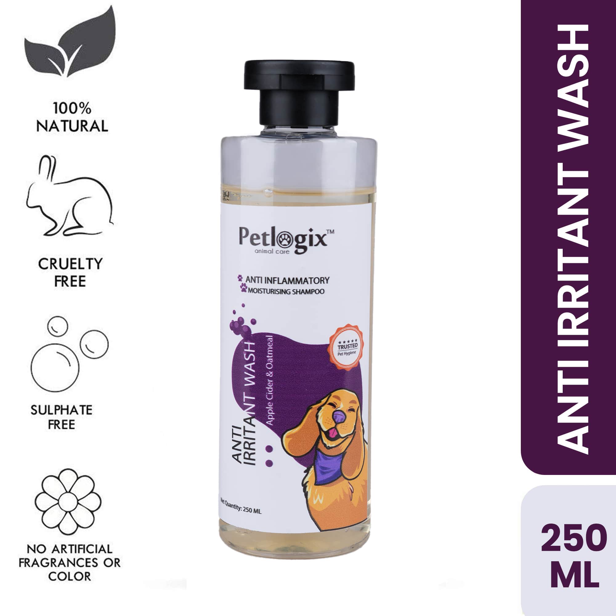 Petlogix Anti Irritant Wash Shampoo for Dog & Cat with Aloevera, Oatmeal, Apple Cider & Chamomile Natural Pet-Friendly Paraben-Free Formula (250ml)