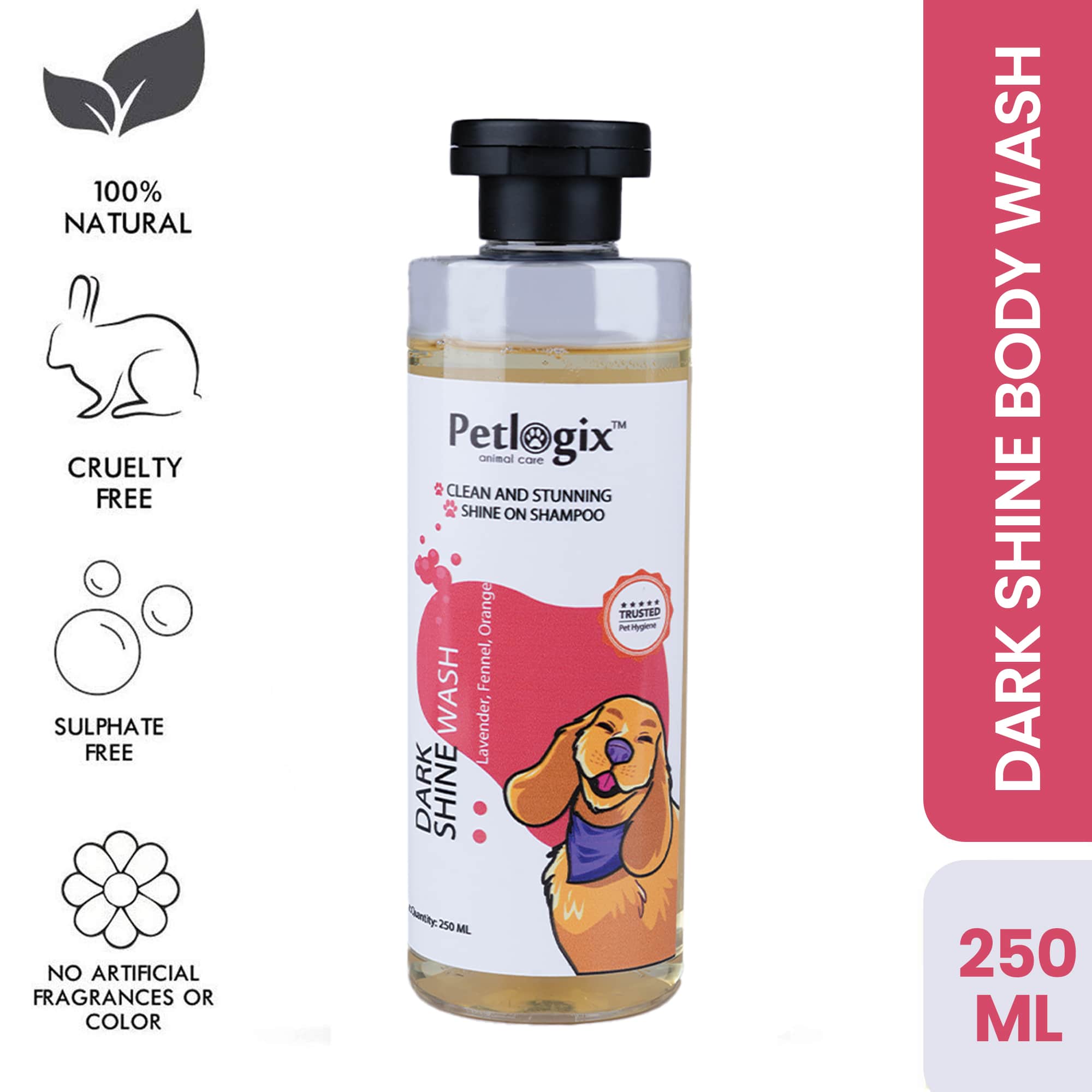 Petlogix Natural Dark Shine Body Wash Shampoo with Built In Conditioner Enriched with Orange & Rosemary for Dogs & Cats (250ml)