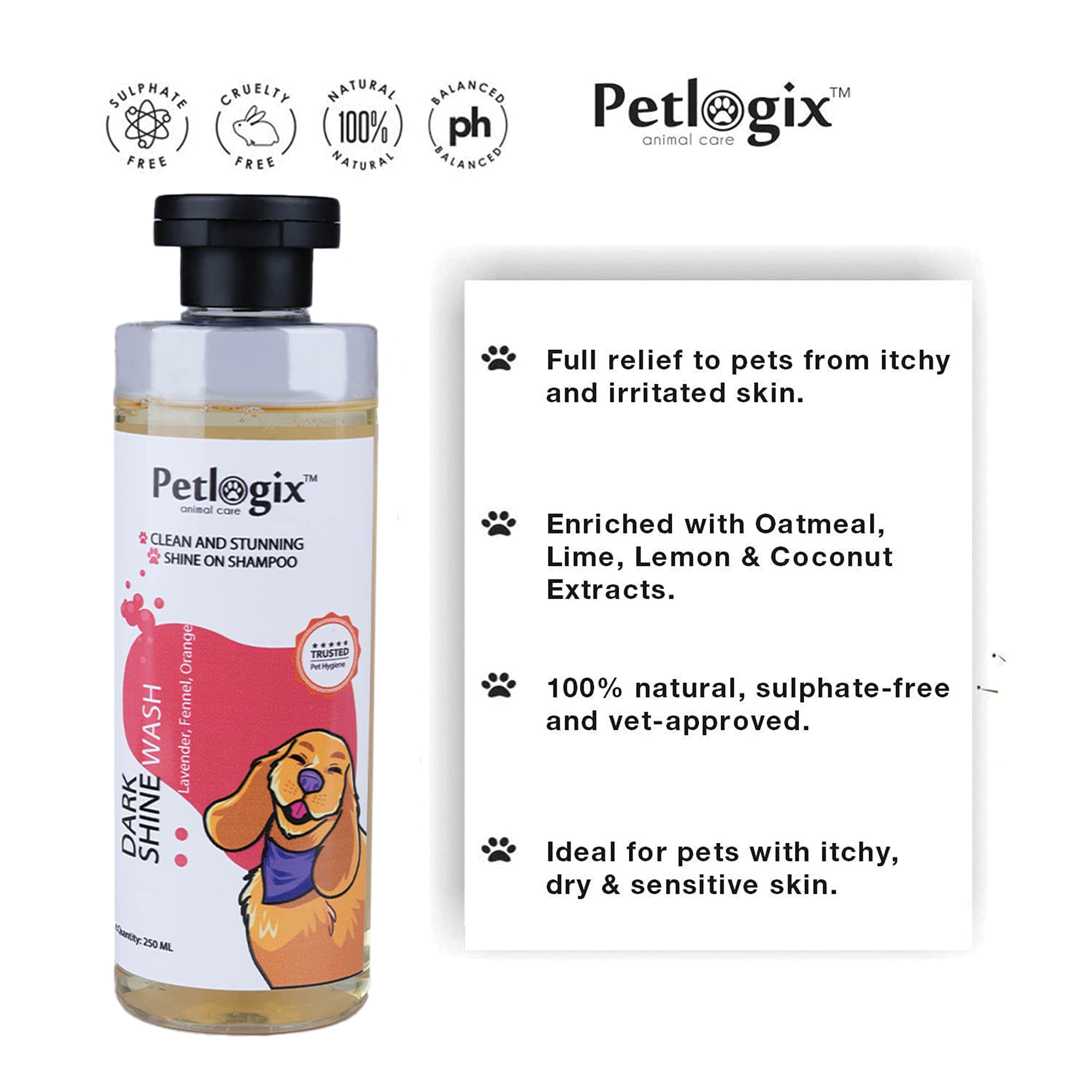 Petlogix Natural Dark Shine Body Wash Shampoo with Built In Conditioner Enriched with Orange & Rosemary for Dogs & Cats (250ml)
