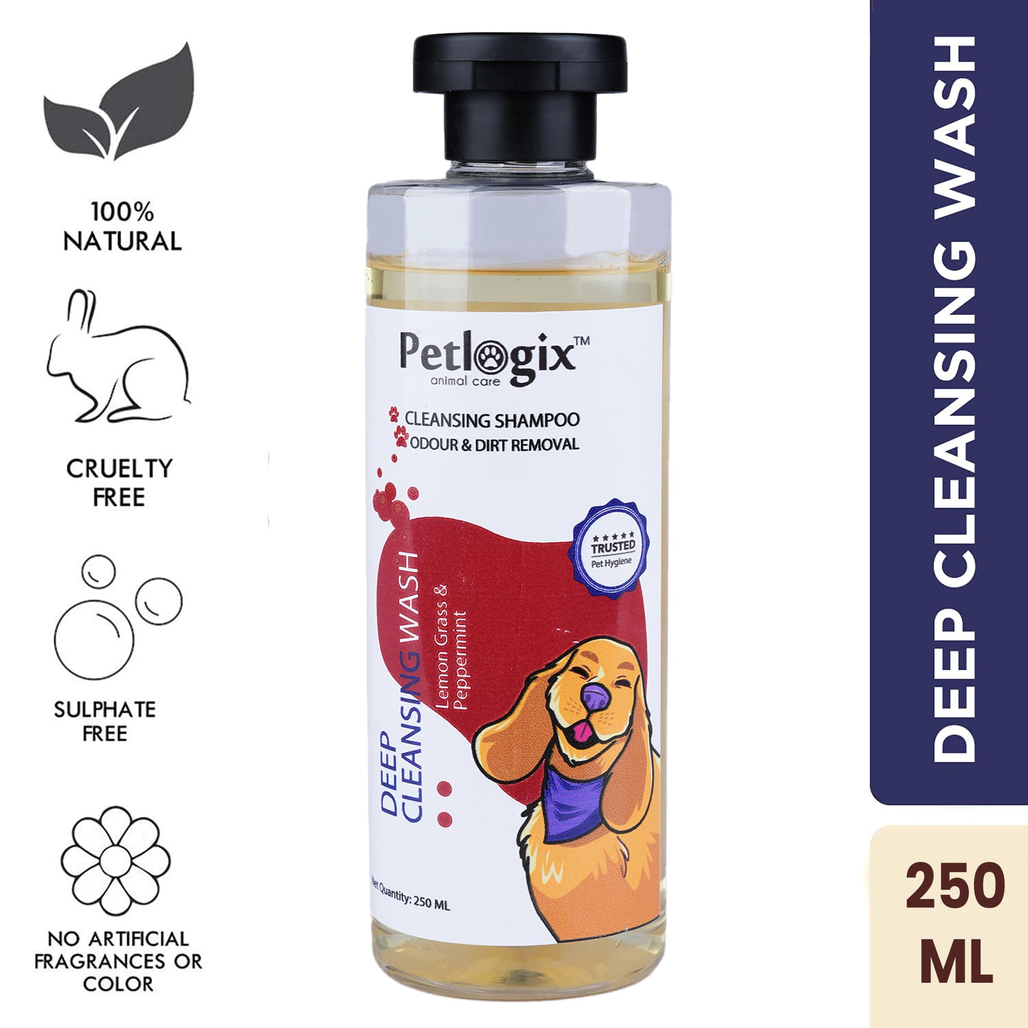 Petlogix Natural Deep Cleansing Wash Shampoo for Cats, Dogs, and Other Pets Sulphate Free Cleanser for Oily and Greasy Coats (250 ML)