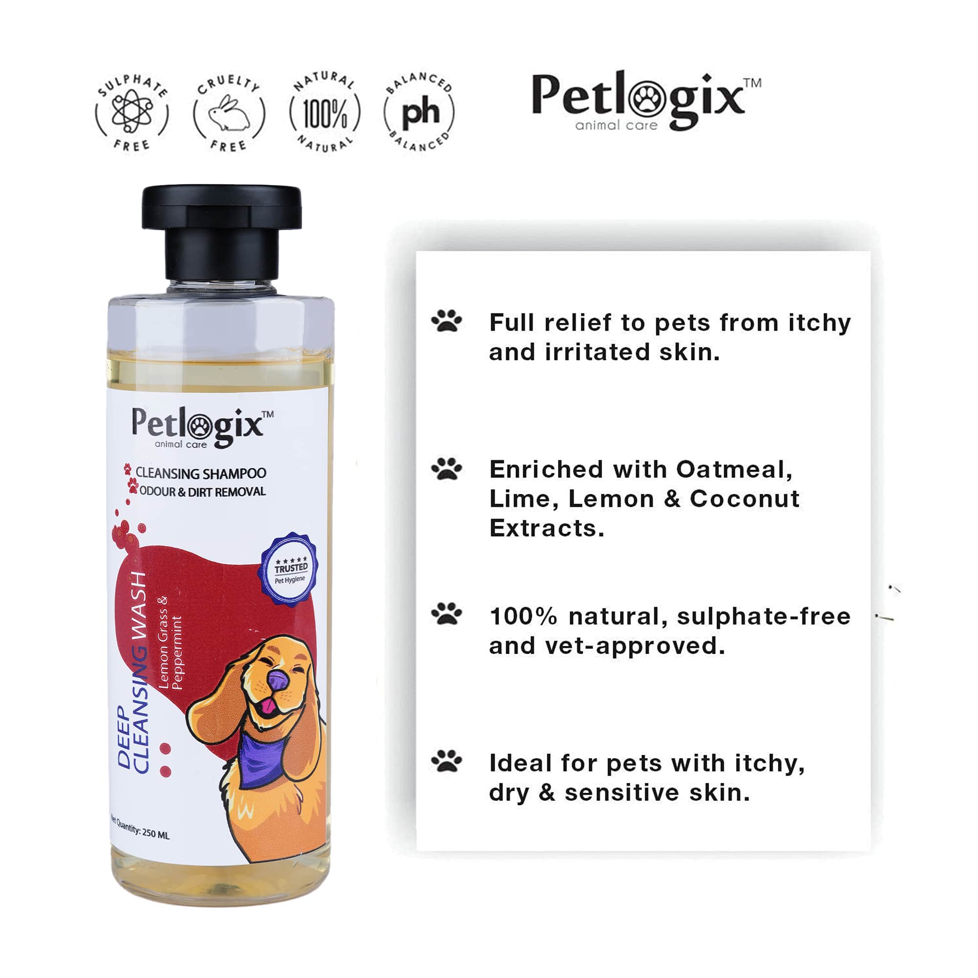 Petlogix Natural Deep Cleansing Wash Shampoo for Cats, Dogs, and Other Pets Sulphate Free Cleanser for Oily and Greasy Coats (250 ML)