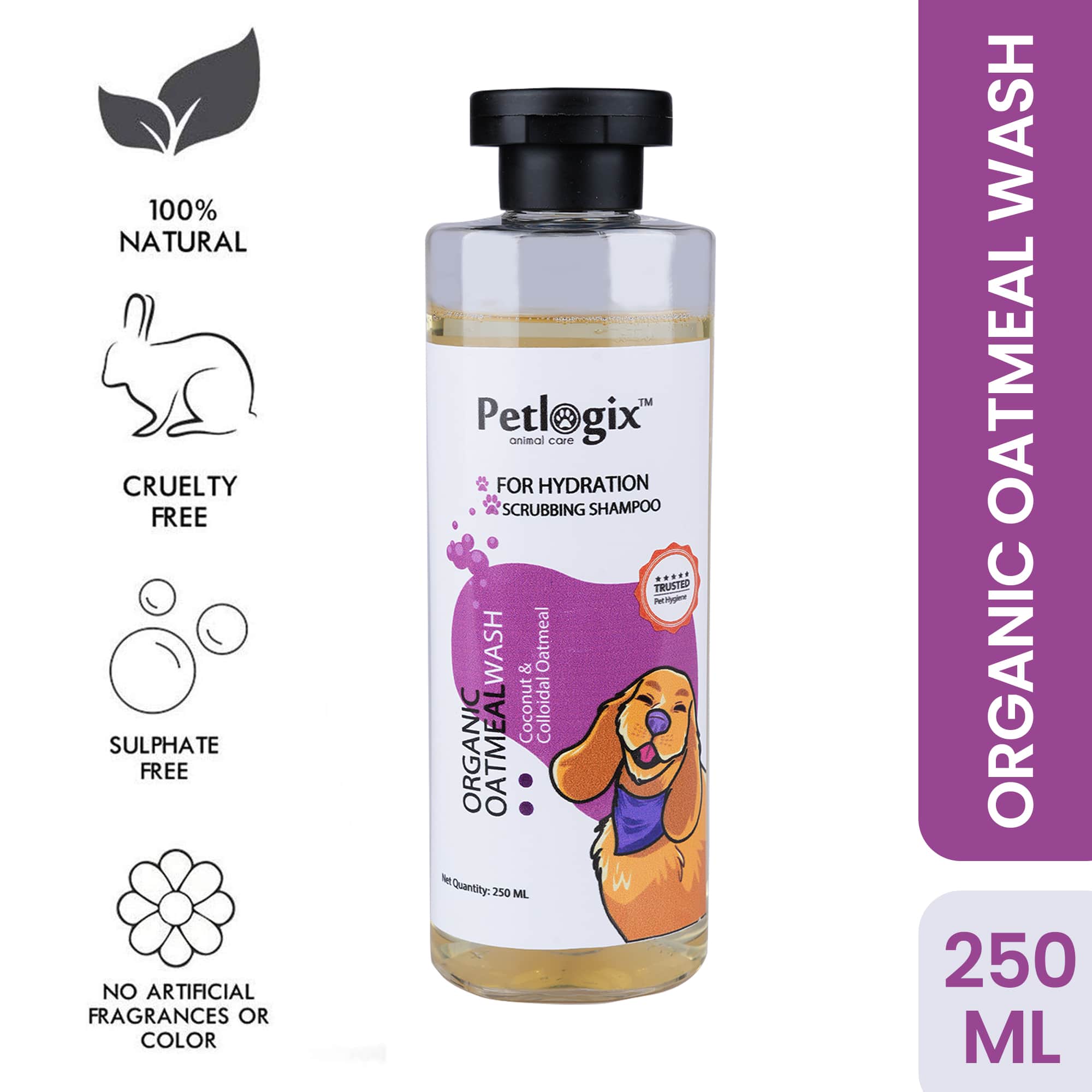 Petlogix Natural & Organic Oatmeal Wash Shampoo for Pet Dogs & Puppies Anti Itch Cleanser with Coconut & Aloevera Mineral Oil, SLS & Paraben Free (250ml)
