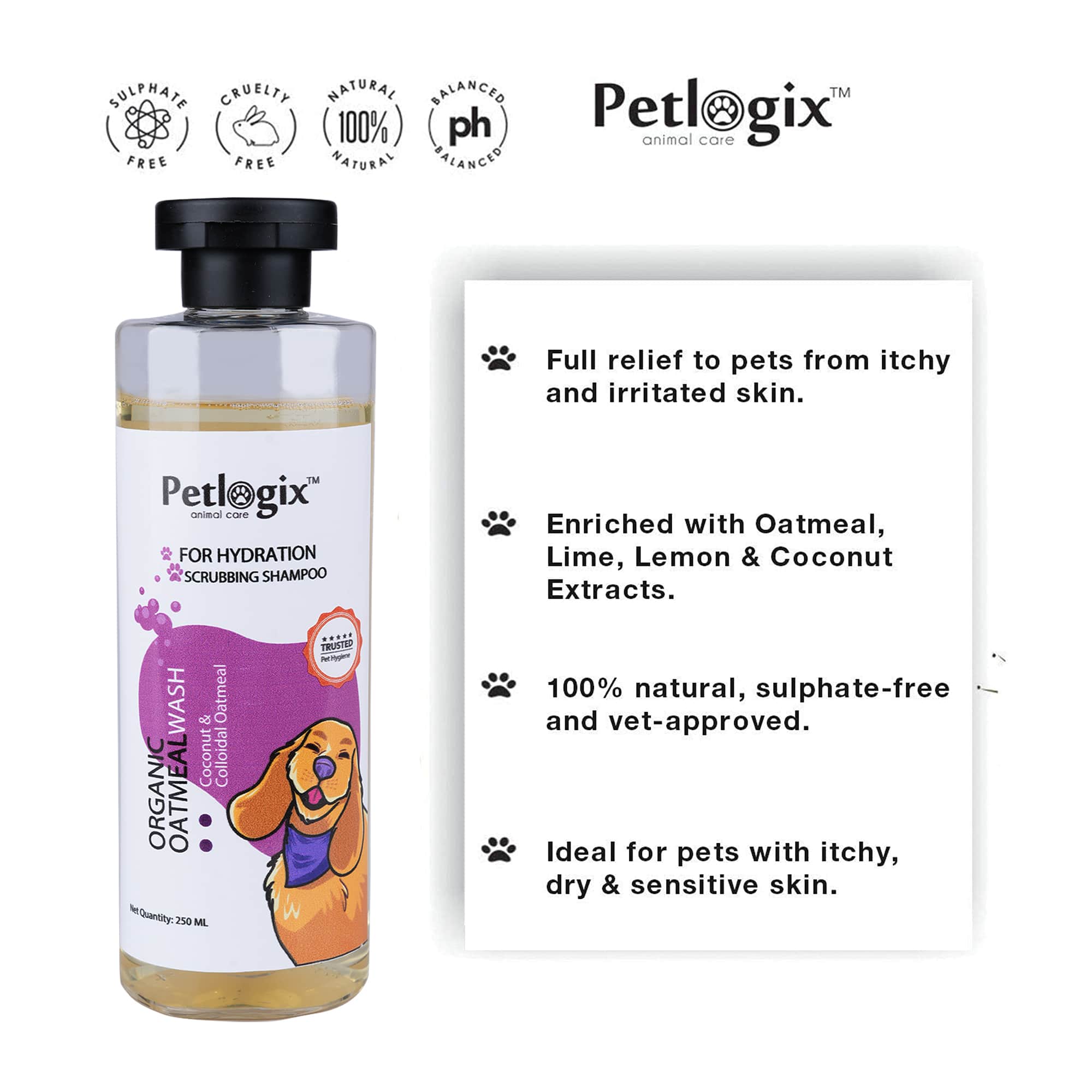 Petlogix Natural & Organic Oatmeal Wash Shampoo for Pet Dogs & Puppies Anti Itch Cleanser with Coconut & Aloevera Mineral Oil, SLS & Paraben Free (250ml)