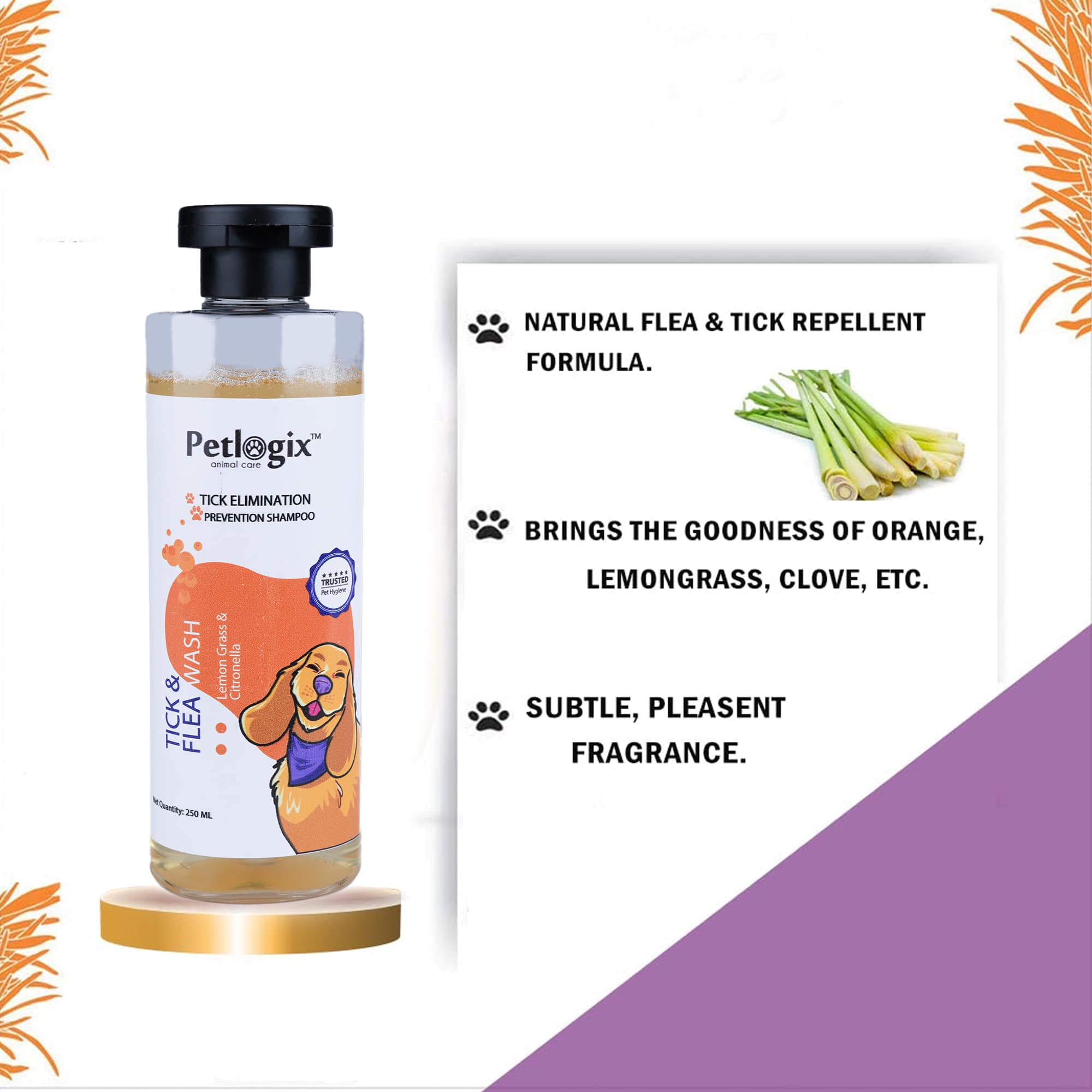 Petlogix Natural Tick & Flea Wash Shampoo Fights Dirt Allergens Removed Odor Infused with Citronella & Lemongrass Anti Itch Coat Cleanser for Pet Dogs & Cats Mineral Oil, SLS & Paraben Free (250ml)
