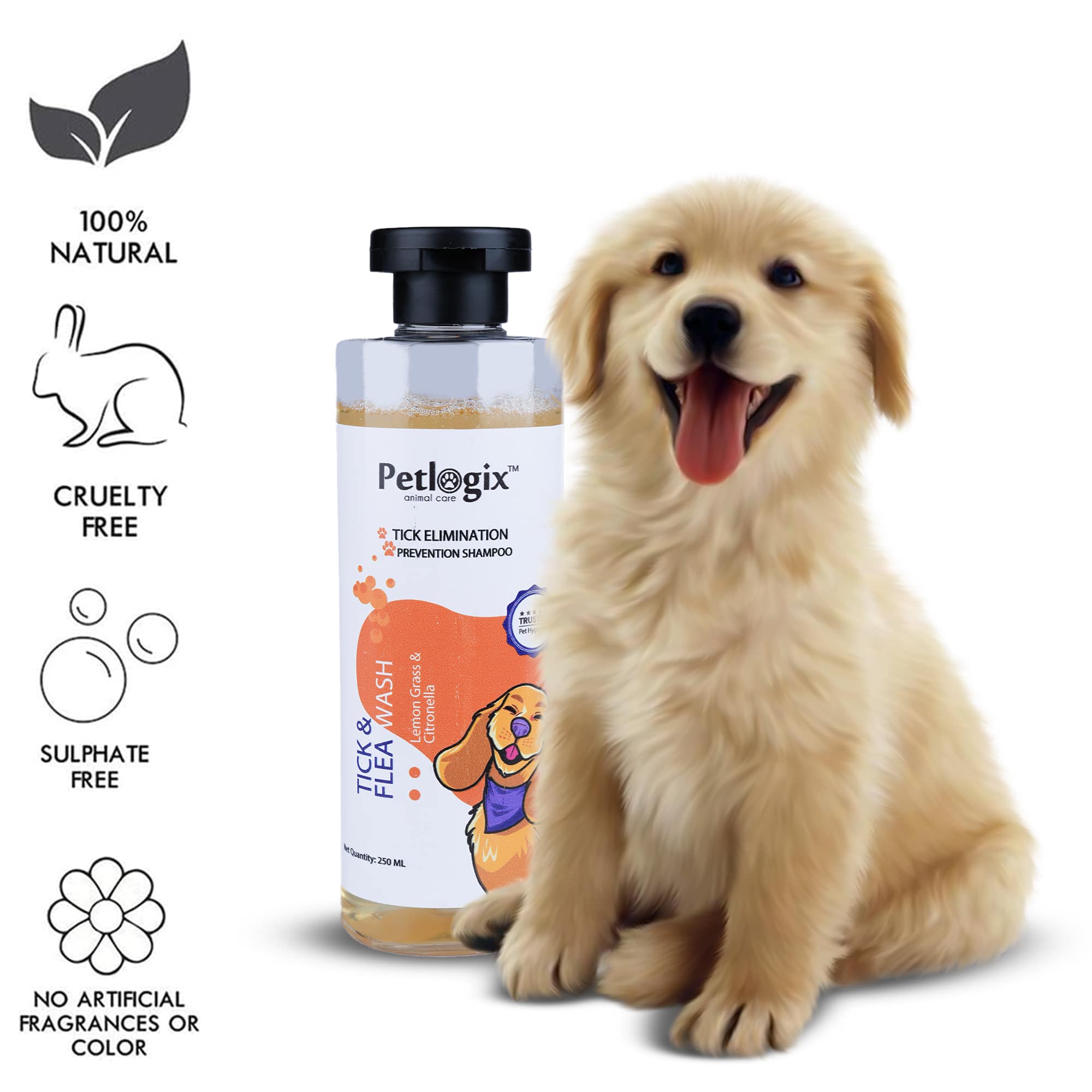 Petlogix Natural Tick & Flea Wash Shampoo Fights Dirt Allergens Removed Odor Infused with Citronella & Lemongrass Anti Itch Coat Cleanser for Pet Dogs & Cats Mineral Oil, SLS & Paraben Free (250ml)