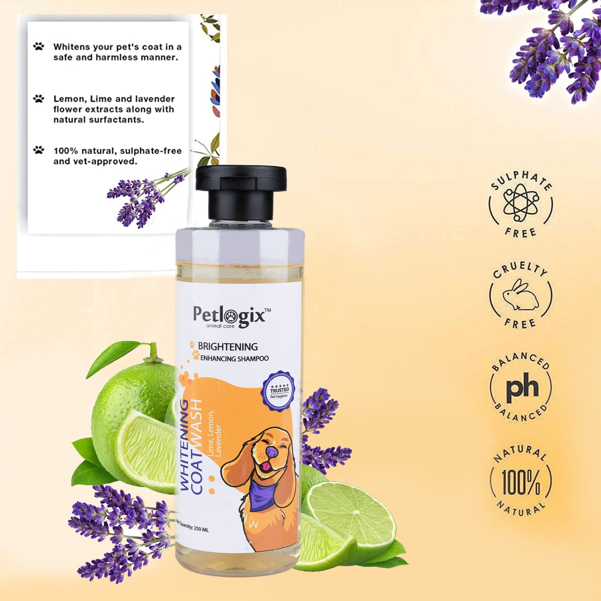 Petlogix Whitening Coat Wash Shampoo for Dog & Cat with Lemon, Lime & Lavender Natural Pet-Friendly Paraben-Free Formula (250ml)