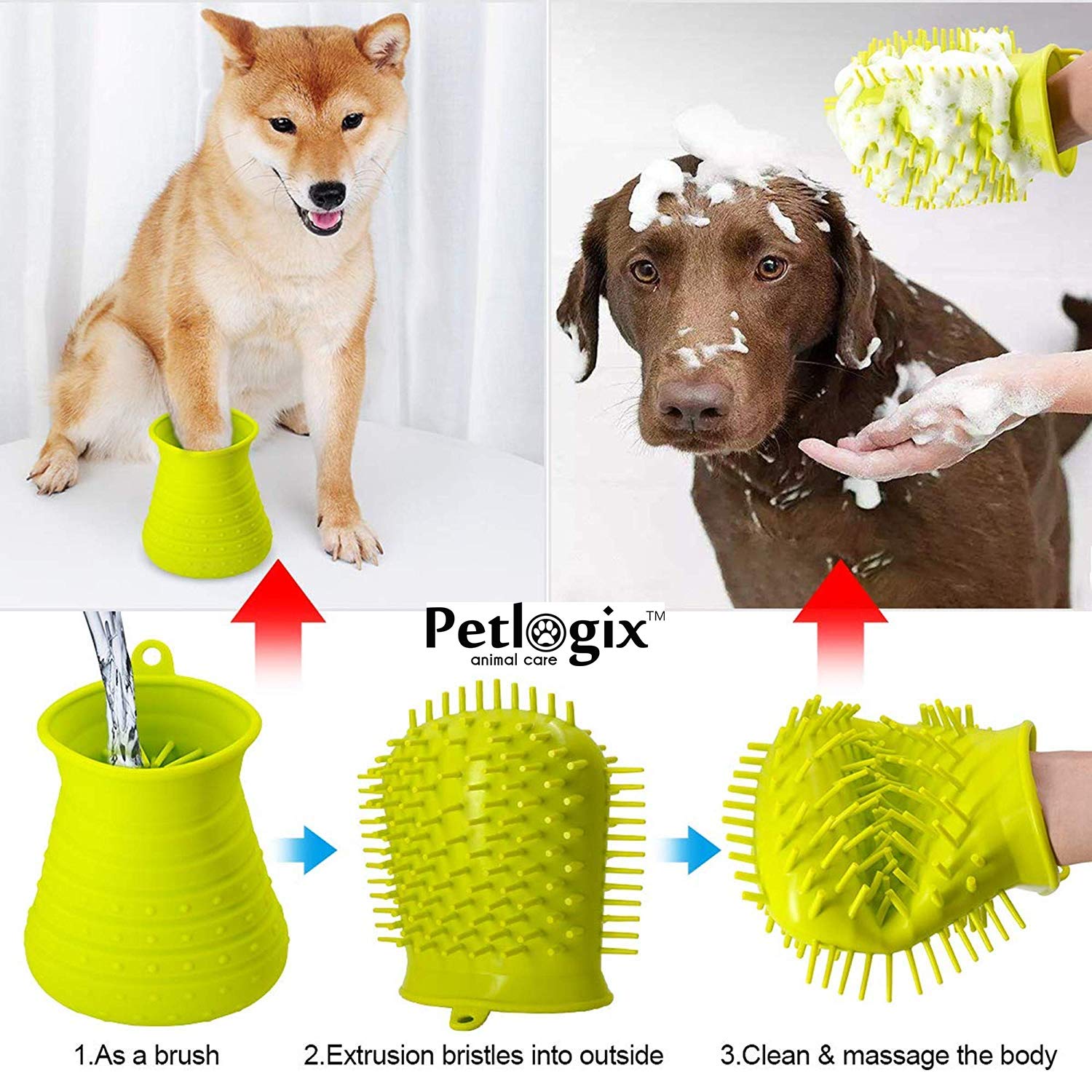 Petlogix 2-in-1 Portable Dog Paw Cleaner Cup Pet Foot Washer Scrubber with Silicone Massage Bristles Cleaning Brush for Pet Grooming (Large)