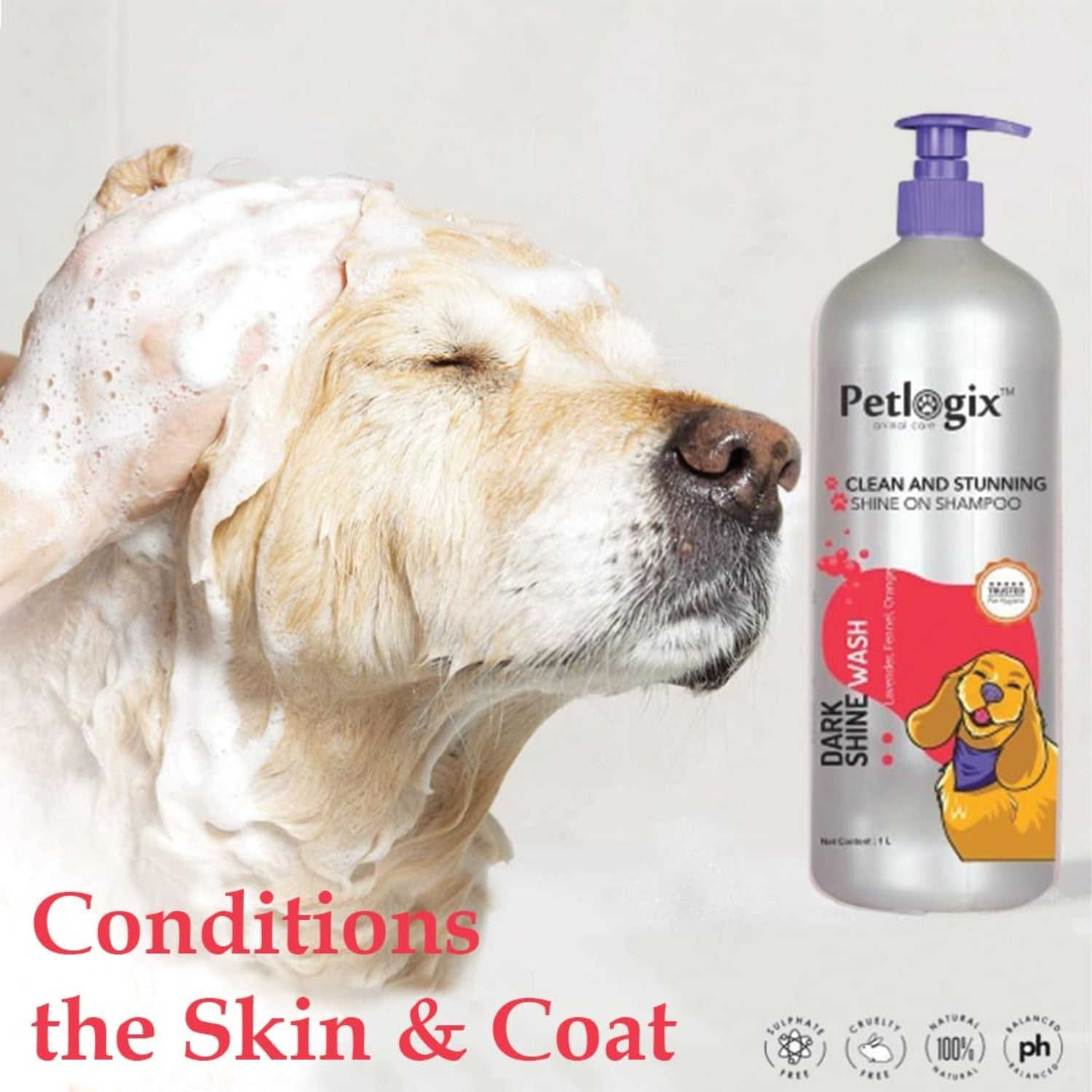 Petlogix Natural Dark Shine Pet Shampoo for Dogs & Cats, with Orange & Lavender, for Deep Cleansing, Moisturizing & Dark Shine Boost, Gentle Care for All Coat Types (1 Litre)