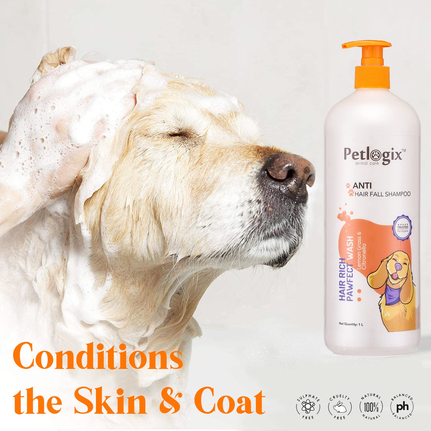 Petlogix Hair Rich Pawfect Wash for Dogs and Puppies, Shed Protection Pet Shampoo with Omega 3 & 6 & Apple Cider, Promotes Hair Growth, 1L