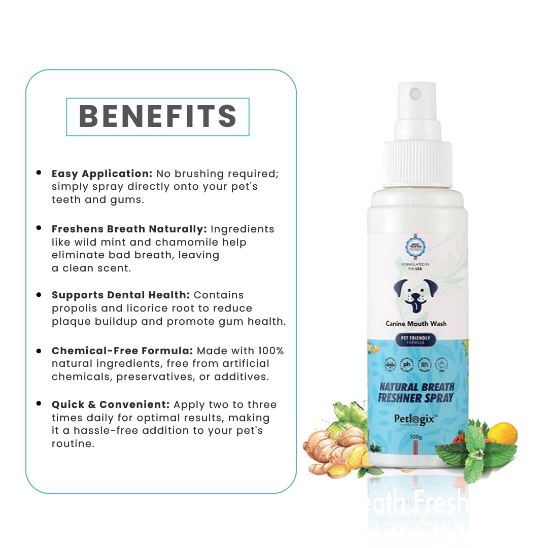 Petlogix Breath Freshener Mouth Spray for Dogs & Cats, Reduce Bad Breath, Supports Oral Hygiene & Healthy Gums, Easy Dental Care Spray for Pets (100ml)