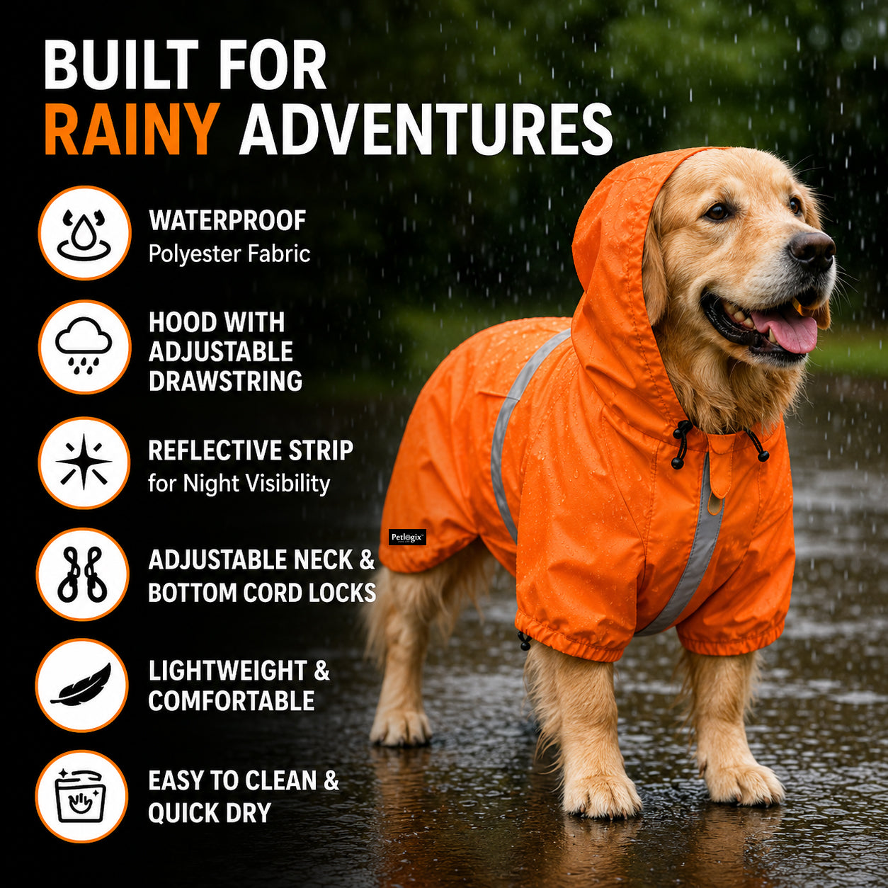 Petlogix Dog Raincoat Waterproof with Hood, Reflective Rain Jacket, Adjustable Drawstring, Lightweight Polyester Rainwear for Dogs, High Visibility, Orange Colour