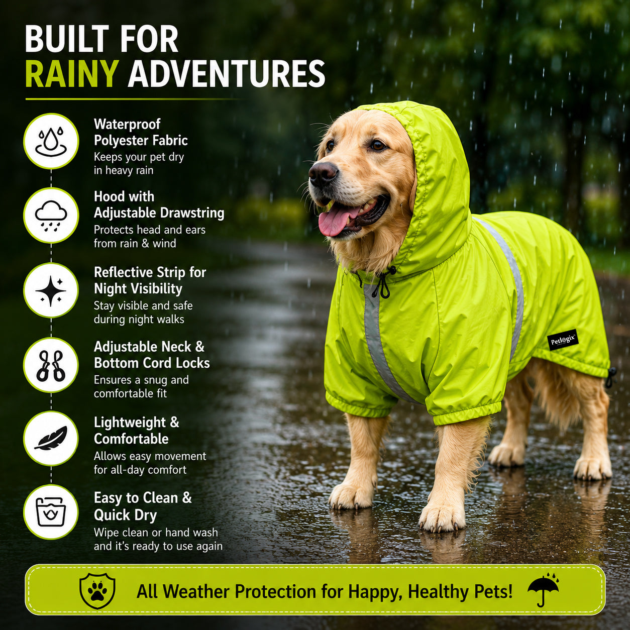 Petlogix Dog Raincoat Waterproof with Hood, Reflective Rain Jacket, Adjustable Drawstring, Lightweight Polyester Rainwear for Dogs, High Visibility