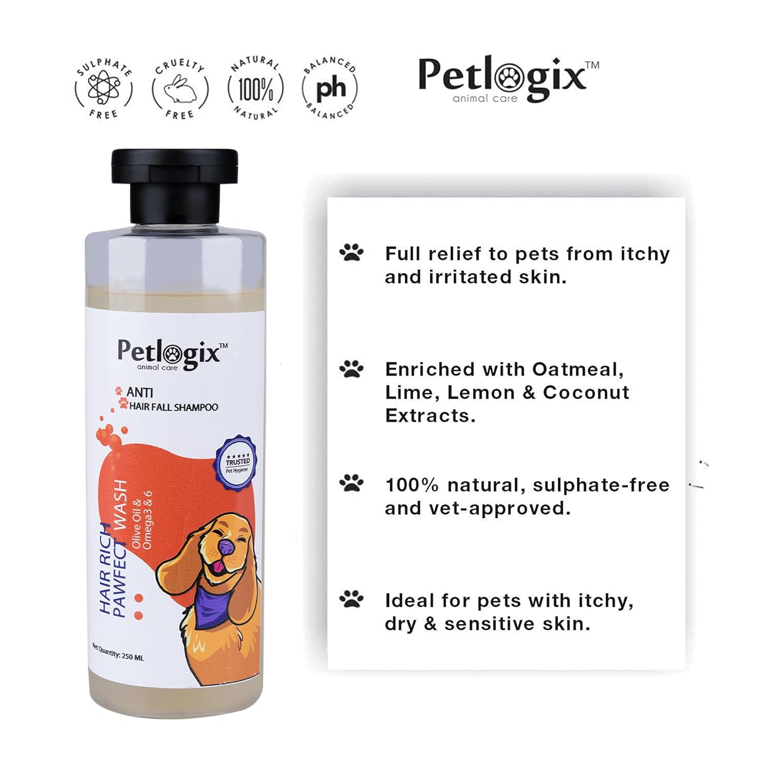 Petlogix Hair Rich Pawfect Wash for Dogs and Puppies, Shed Protection Pet Shampoo with Omega 3 & 6 & Apple Cider, Promotes Hair Growth (250ml)