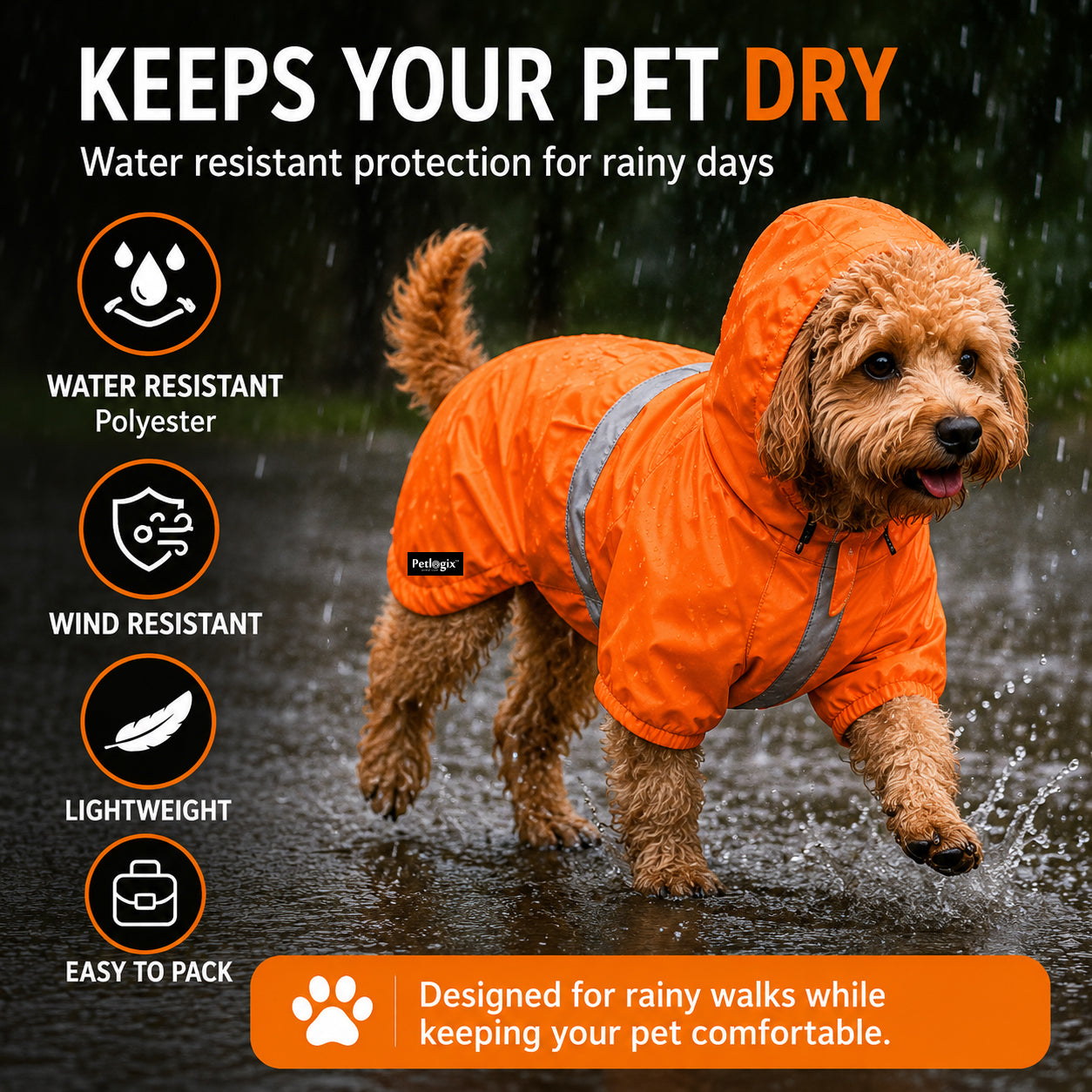 Petlogix Dog Raincoat Waterproof with Hood, Reflective Rain Jacket, Adjustable Drawstring, Lightweight Polyester Rainwear for Dogs, High Visibility, Orange Colour