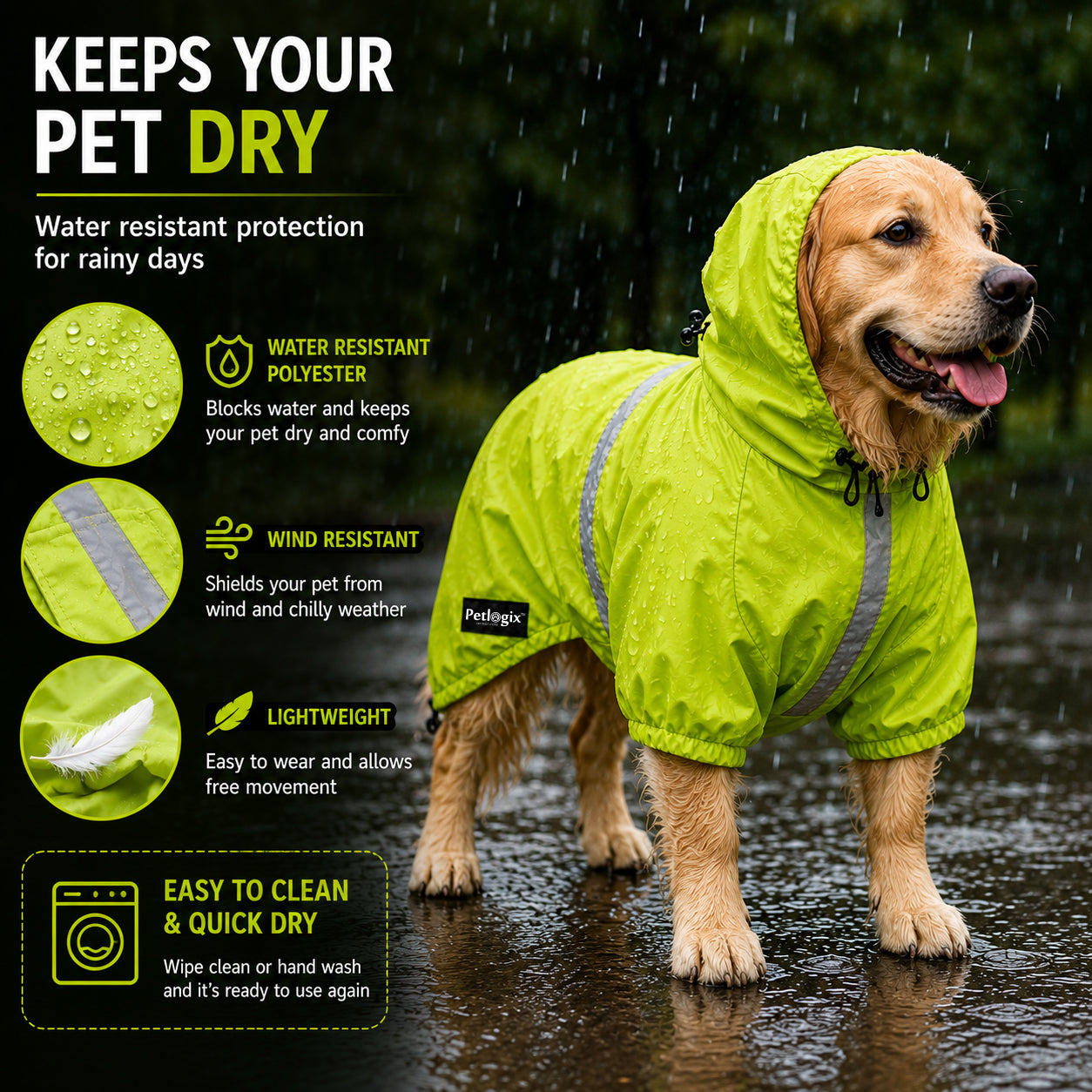 Petlogix Dog Raincoat Waterproof with Hood, Reflective Rain Jacket, Adjustable Drawstring, Lightweight Polyester Rainwear for Dogs, High Visibility