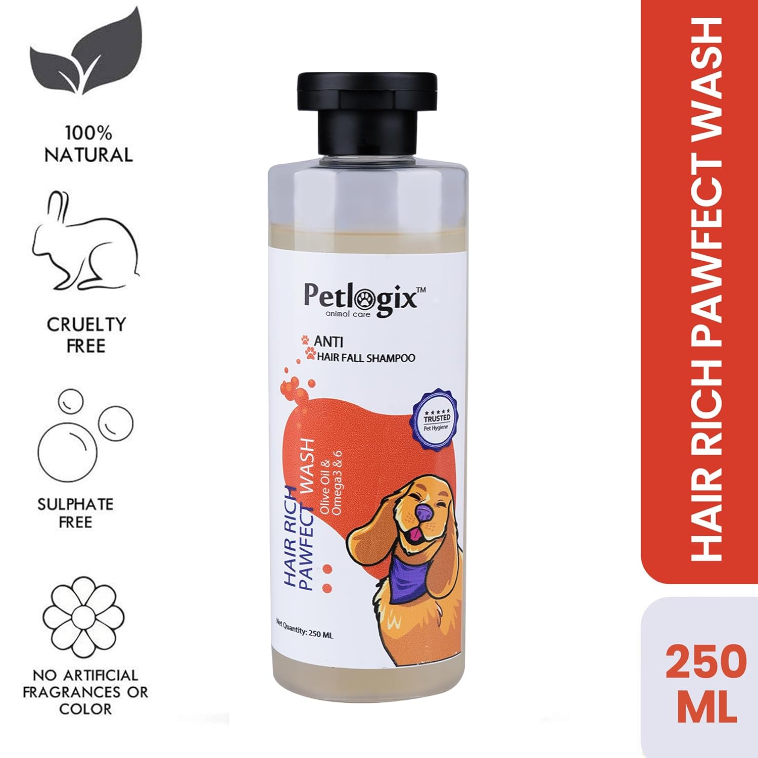 Petlogix Hair Rich Pawfect Wash for Dogs and Puppies, Shed Protection Pet Shampoo with Omega 3 & 6 & Apple Cider, Promotes Hair Growth (250ml)