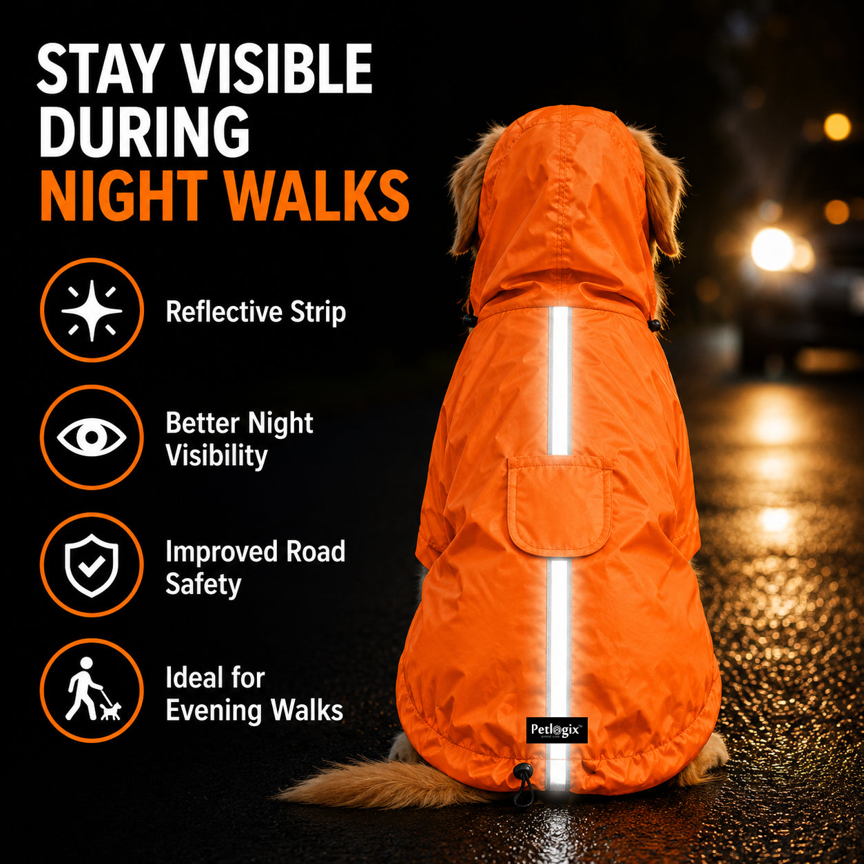 Petlogix Dog Raincoat Waterproof with Hood, Reflective Rain Jacket, Adjustable Drawstring, Lightweight Polyester Rainwear for Dogs, High Visibility, Orange Colour