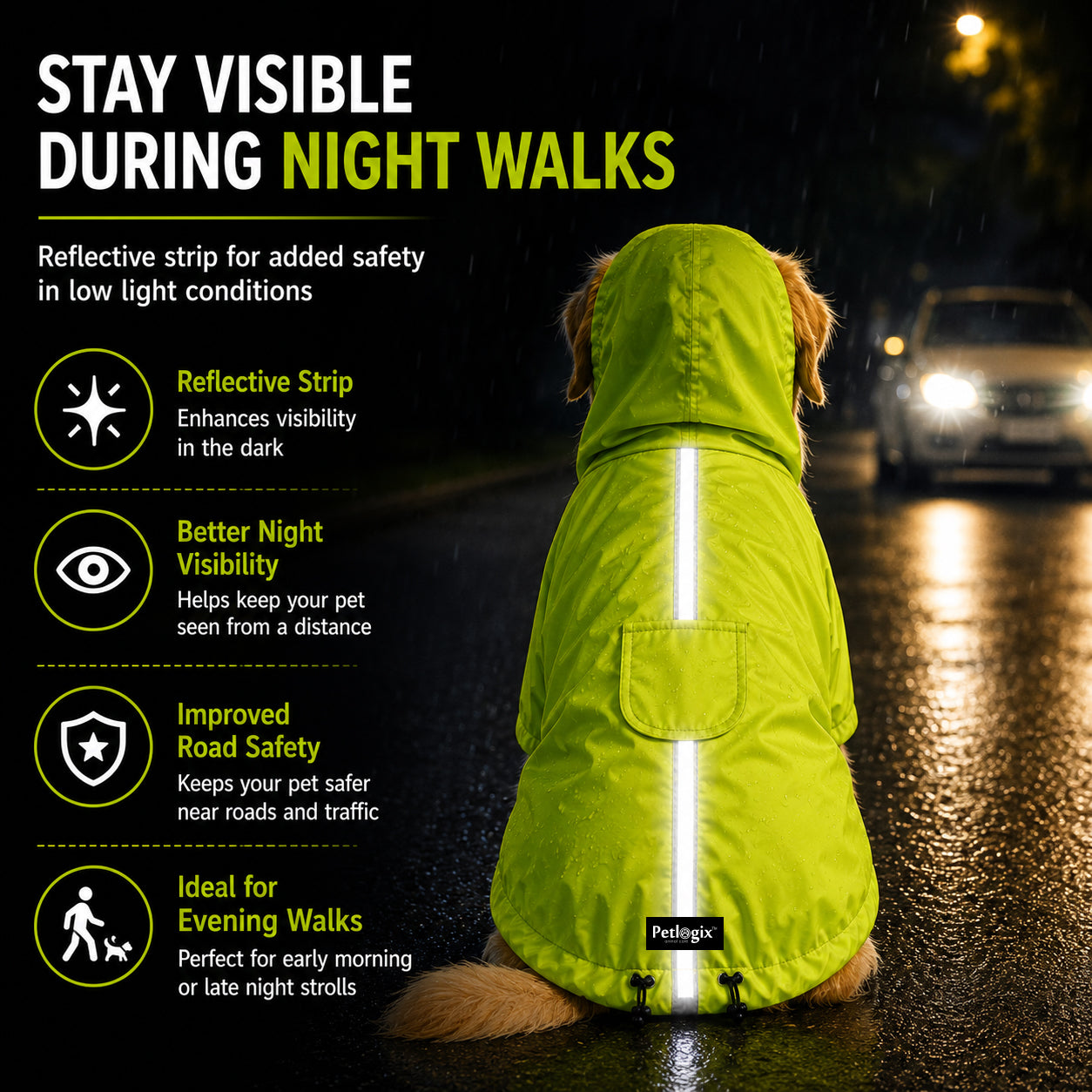 Petlogix Dog Raincoat Waterproof with Hood, Reflective Rain Jacket, Adjustable Drawstring, Lightweight Polyester Rainwear for Dogs, High Visibility