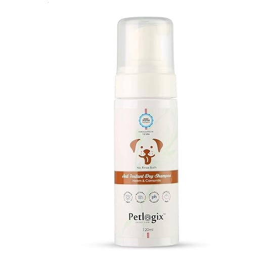 Petlogix Natural Anti Irritant, Anti Bacterial, Anti Fungal Dry Shampoo Enriched with Neem & Chamomile Waterless Coat Cleaning Pet Dog & Cat Mineral Oil, SLS & Paraben Free, 120g