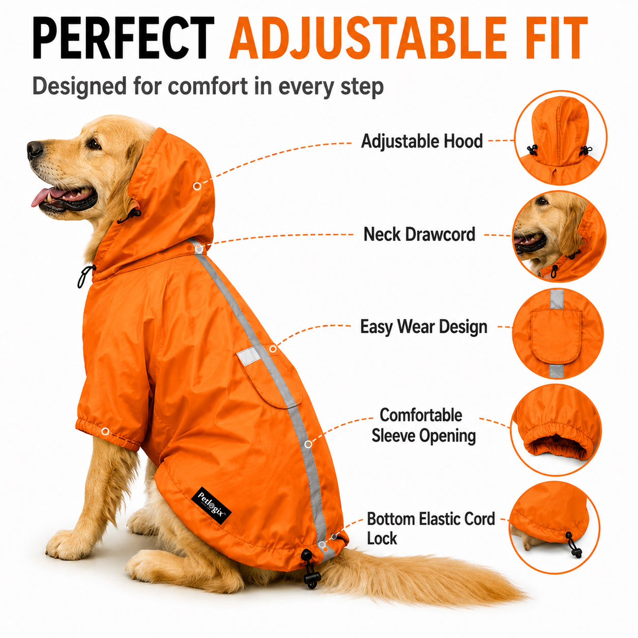 Petlogix Dog Raincoat Waterproof with Hood, Reflective Rain Jacket, Adjustable Drawstring, Lightweight Polyester Rainwear for Dogs, High Visibility, Orange Colour
