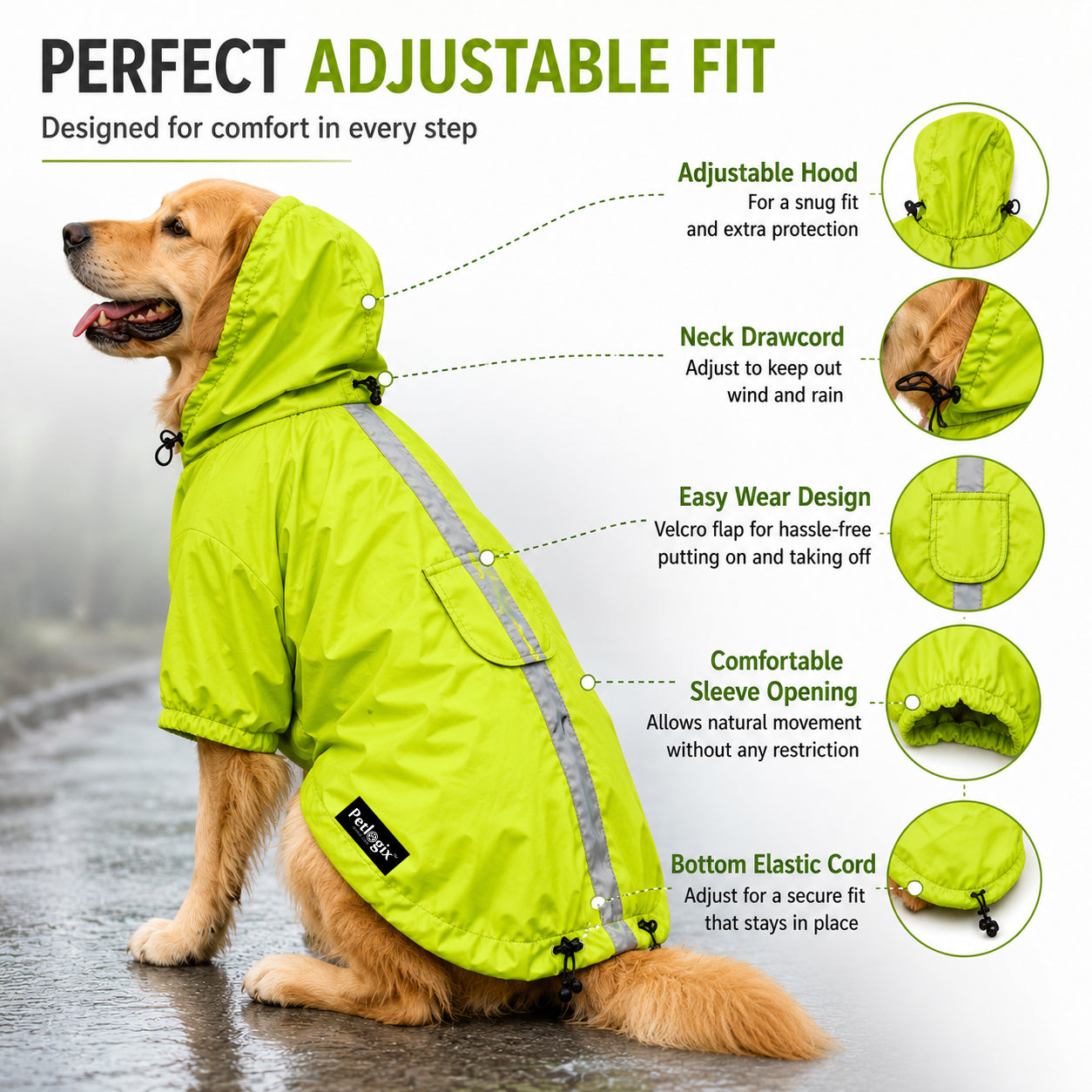 Petlogix Dog Raincoat Waterproof with Hood, Reflective Rain Jacket, Adjustable Drawstring, Lightweight Polyester Rainwear for Dogs, High Visibility