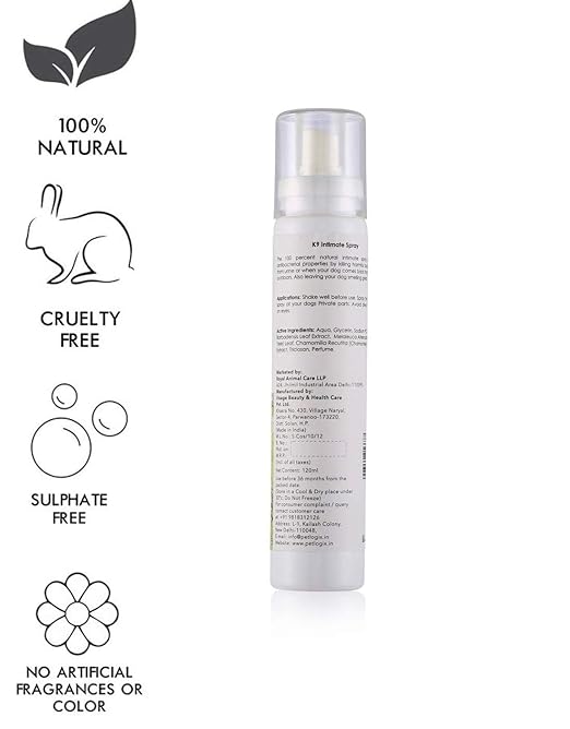 Petlogix Natural K9 Intimate Spray with Aloe Vera & Chamomile for Dogs Cats Anti Bacterial & Fungal for Private Area Application, 120ml