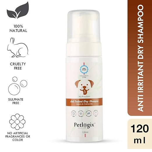 Petlogix Natural Anti Irritant, Anti Bacterial, Anti Fungal Dry Shampoo Enriched with Neem & Chamomile Waterless Coat Cleaning Pet Dog & Cat Mineral Oil, SLS & Paraben Free, 120g
